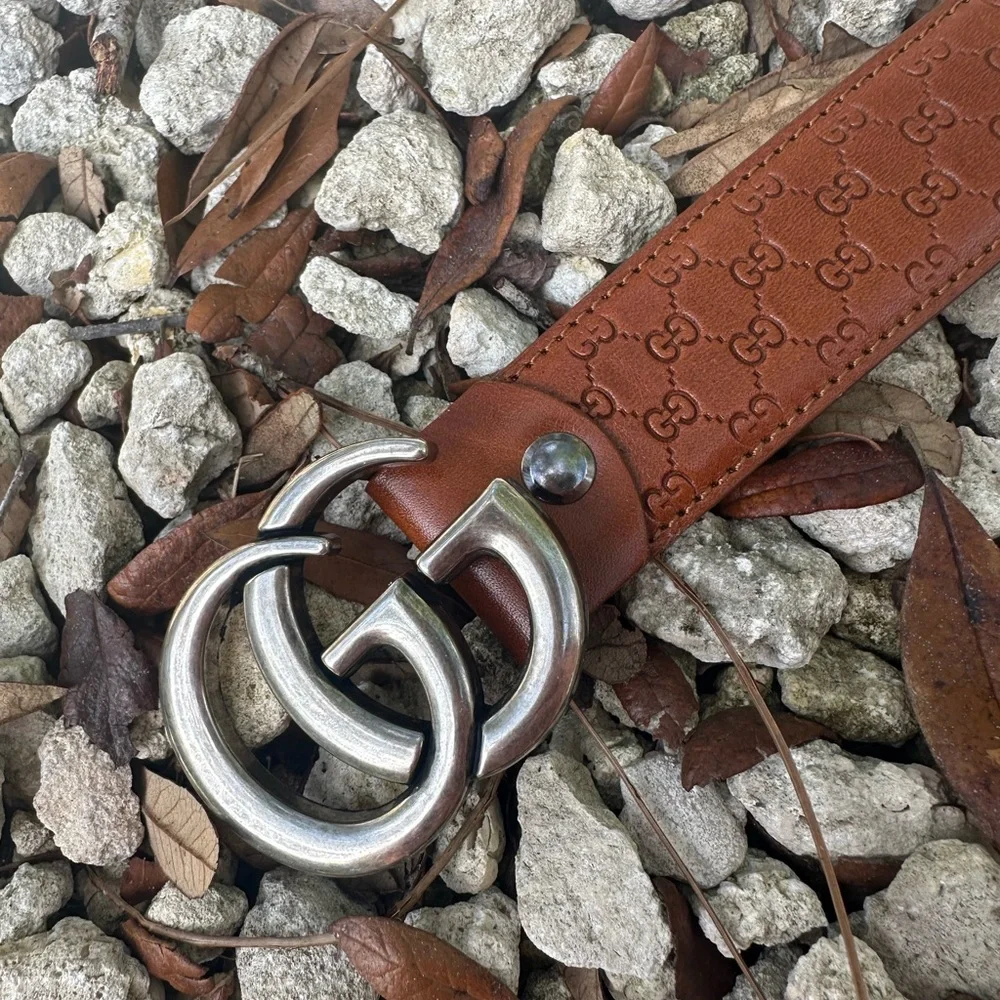 GG Gucci Emblematic Marmont Brown Leather Belt Silver Buckle L - Picture 3 of 15